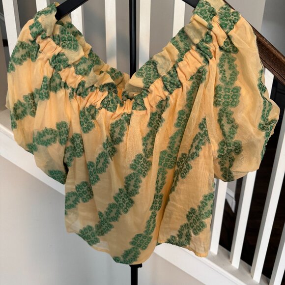 Macie Blouse by Sezane - Ecru/Green Jacquard - Size 44 FR Size 12 US - Picture 2 of 4
